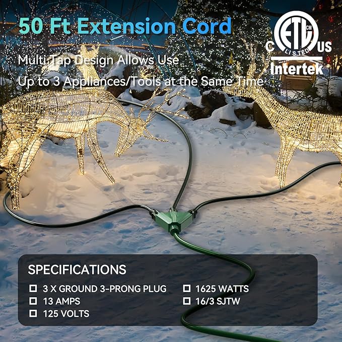 K KASONIC - 50 Ft Extension Cord with 3 Outlets, UL Listed 16/3 SJTW 3-Wire Grounded, 13A 125V 1625W for Indoor/Outdoor Use - Green