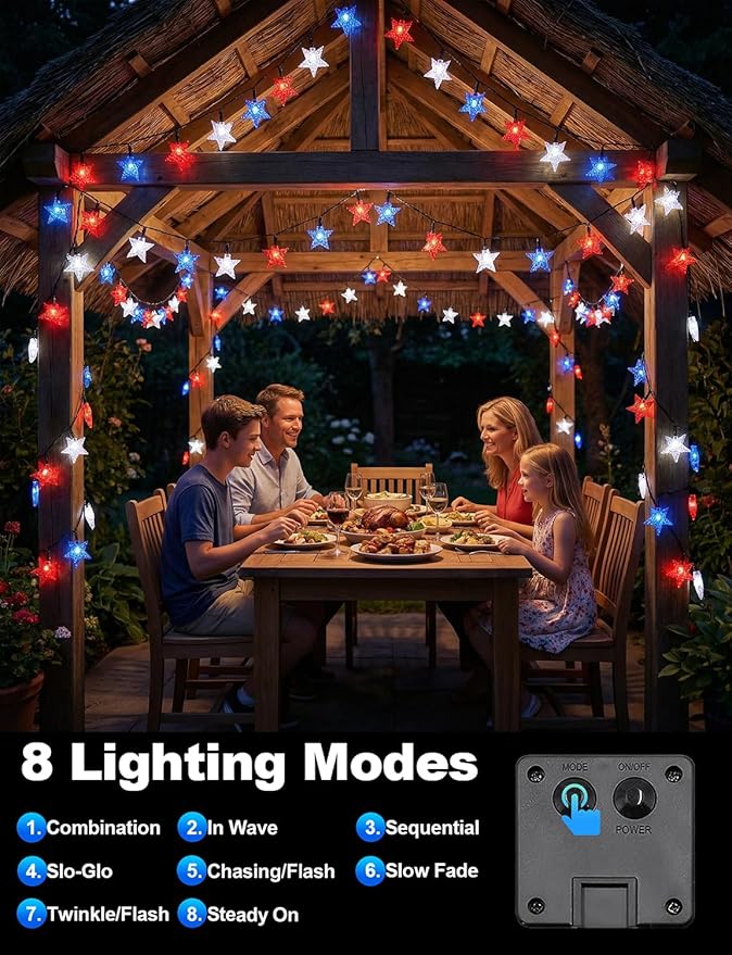 Solar String Lights Red White Blue Star LED Solar Powered Lights Waterproof Outdoor Lights for 4th of July Decorations Patio Garden Yard Memorial Day Independence Day Christmas Party with 8 Modes