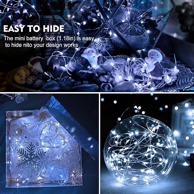 AIKEI 100 Pack LED Fairy Lights Battery Operated, Mini String Lights Waterproof 7ft 20 Led Firefly Starry Lamps 3 Lighting Modes for Wedding Party Bedroom Garden Halloween Christmas Decoration White