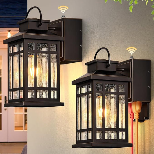 Dusk to Dawn Porch Lights with GFCI Outlet, Outside Lighting Fixtures for House, Oil Rubbed Bronze Exterior Garage Light Fixtures with Gold Trim, Anti-Rust Outdoor Sconce Light for Patio, Coach