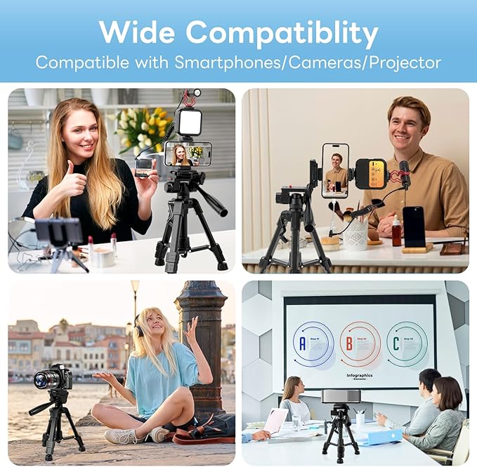 Vlogging Kit for iPhone, Android, Camera, Compatible with YouTube Starter Kit with Rechargeable LED Light + Microphone + Phone Clip + Aluminum Desktop Tripod for Vlogging, Instagram, TikTok