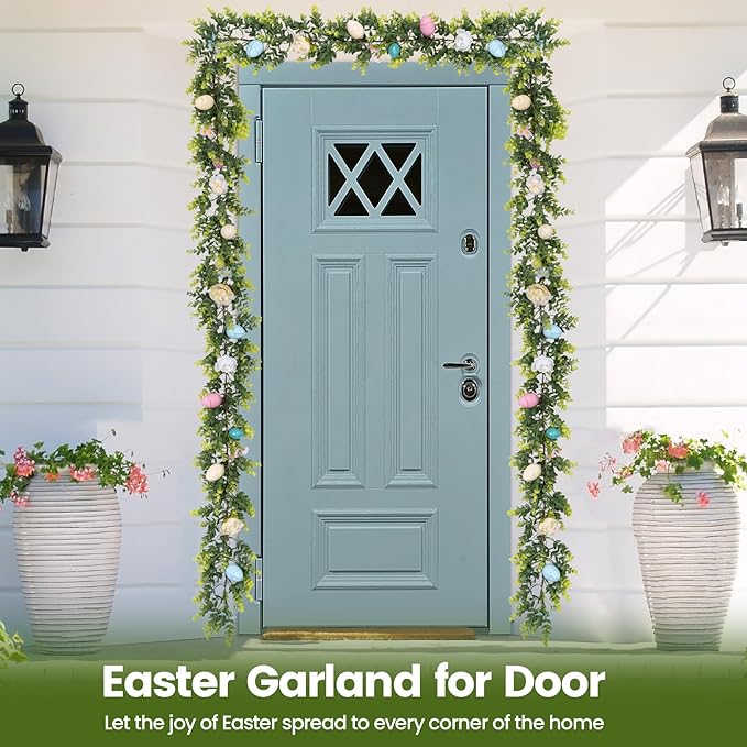 6FT Prelit Easter Garland with 20 LED Lights, Lighted Artificial Easter Egg Garland for Mantle, Battery Operated with 8 Mode Timer – Peony & Eucalyptus Accents