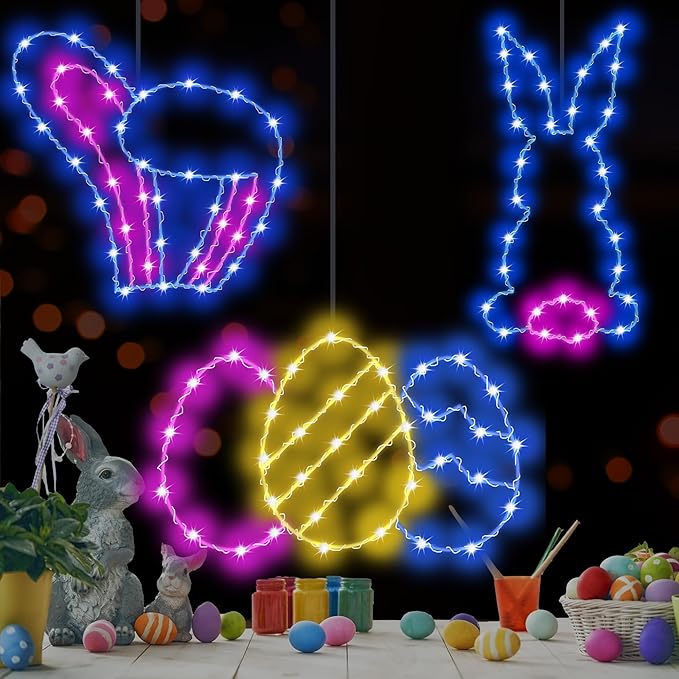 3 Packs Easter Decoration Lights, Hanging Easter Light Battery Operated with Timer & Remote, 62 LED Easter Bunny & Eggs Waterproof Window Lights - Indoor/Outdoor Decor
