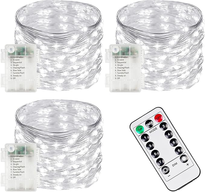 3 Pack Fairy Lights Battery Operated with Remote, 120LED 40FT Twinkle Lights Waterproof for Outdoor & Indoor, 8 Modes Battery String Light Timer for Christmas Party Birthday Home DIY Décor(Cool White)