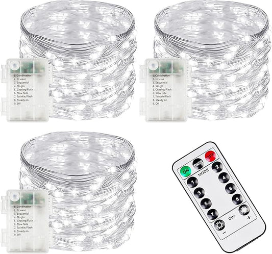 3 Pack Fairy Lights Battery Operated with Remote, 120LED 40FT Twinkle Lights Waterproof for Outdoor & Indoor, 8 Modes Battery String Light Timer for Christmas Party Birthday Home DIY Décor(Cool White)