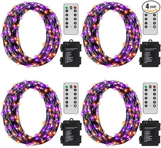 ZAIYW Halloween Fairy Lights Battery, 4 Pack 16.5Ft 50 LED Fairy Lights with Remote Control Timer 8 Modes, Black Copper Wire Twinkle Lights for Indoor Outdoor Halloween Decor (Purple Orange)
