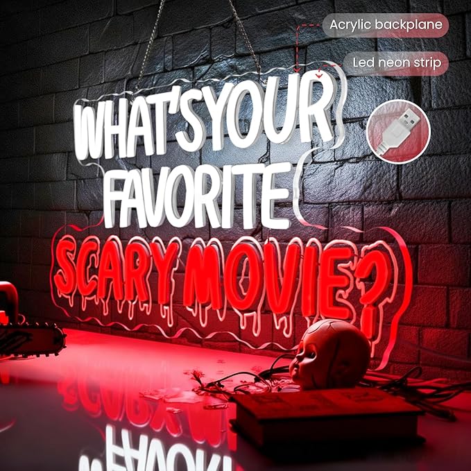 What's Your Favorite Scary Movie Neon Sign,Horror Movies Neon Signs For Wall Decor,LED Sign Wall Decor for Home,Movie Room,USB-Powered with Dimmer Function,for Spooky Season and Horror Fans