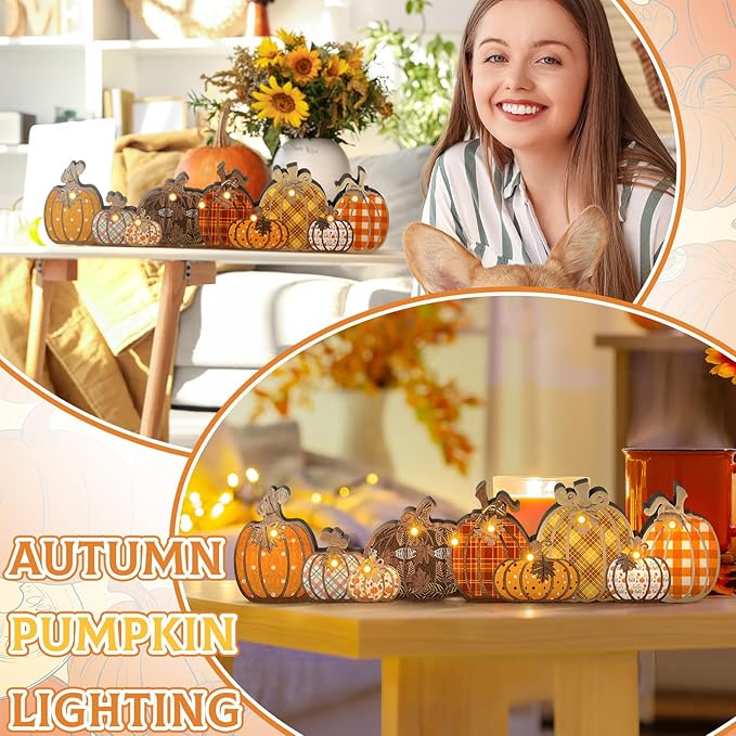 Yousoontic Thanksgiving Fall Pumpkin Decor Table Centerpieces Halloween Wooden Pumpkin Sign Decorations with LED Lights 3D Block Autumn Harvest Farmhouse Fall Decor for Home Mantel Desk Office Party
