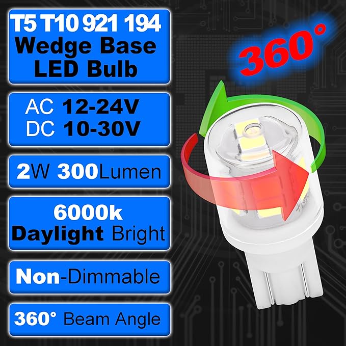 12V T5 T10 Wedge Base LED Bulbs 2 Watt Replace 11W 18W Incandecent Bulbs 300lm 6000K Daylight White 194 921 LED Bulb for RV Camper Marine Boat Ceiling Dome Landscape Stair Step Path Lights, 10 Pack