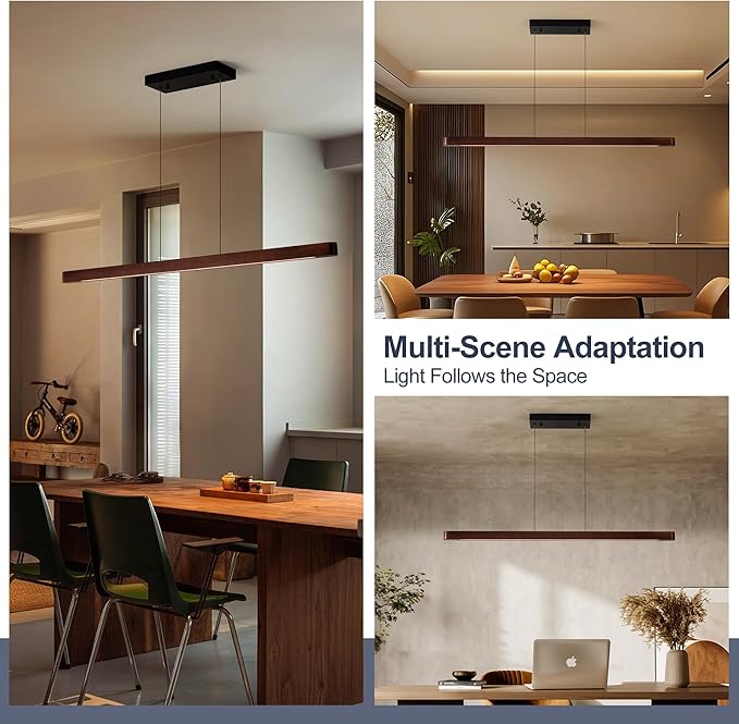 43" Wood Linear Pendant Light, Dimmable Kitchen Island Lighting with Remote, 24W LED Hanging Pendant Light, Adjustable Linear Chandelier for Dining Room, Kitchen Island, Bar, Office-Walnut