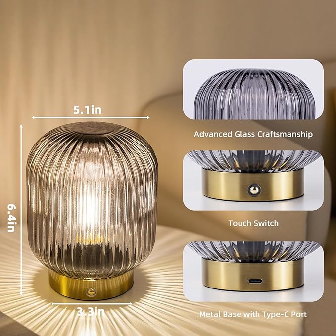 MJ PREMIER Rechargeable Table Lamp, Gray Glass Lamp with Memory Function, Small Cordless LED Lamp with Dimmable Brightness, Decorative Touch Lamps for Bedroom Living Room (Gray)