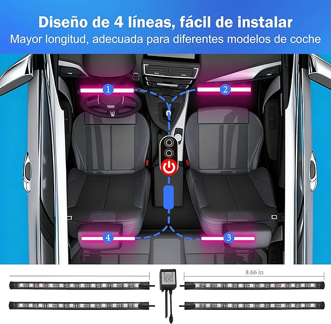 Car Interior LED Lights - 4PCs RGB Strip Lights with Bluetooth APP Control, Music Sync/DIY Mode, USB-Powered Ambient Lighting Kit for Cars, Trucks, SUVs (Universal Fit)