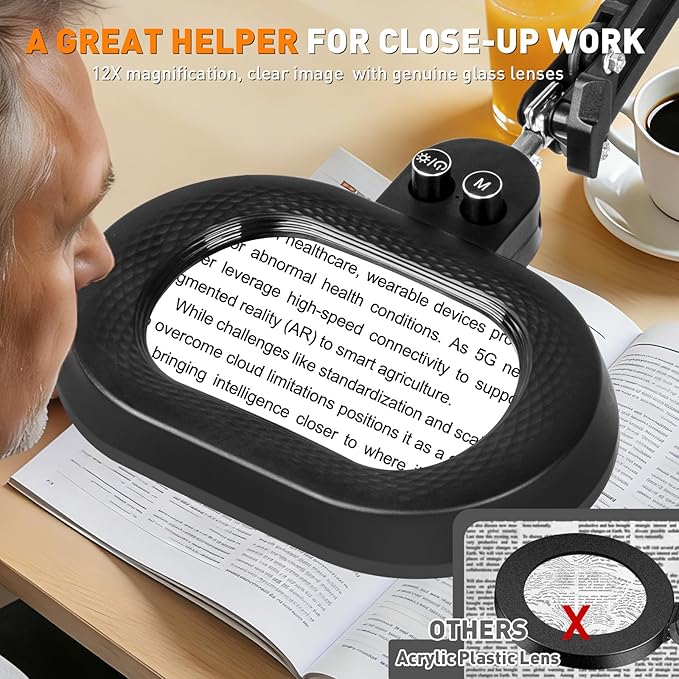 Ultra Long Arm Magnifying Glass with Light, Three-axis Rotation Infinite Color Dimmable 12X Magnifying Lamp, Large Lighted Magnifier Workbench Light for Close Work, Craft, Repair, Reading,Sewing