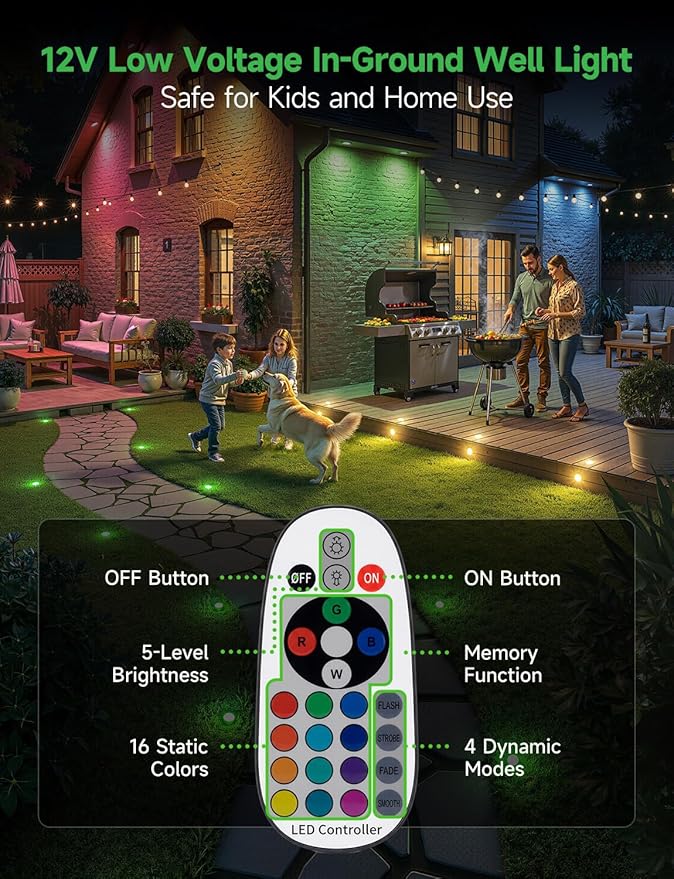 RGBW Deck Lights 6 Pack, Mini 3W 12V Low Voltage In-Ground Well Lights, LED Landscape Lighting, Warm White & 16 Colors, IP67 Waterproof Recessed Stainless Steel Acrylic Design for Stairs