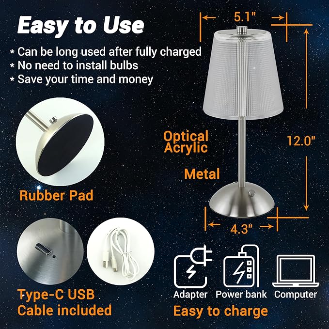 Cordless Table Lamp, 4000mAh Rechargeable Battery Operated Lamp, 3 Way Modes & Stepless Dimmable LED Touch Lamp, Portable Retro Metal Beside Lamps for Desk Bedroom Restaurant(Silver Nickel)