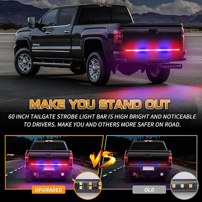 XRIDONSEN 60 inch Truck Tailgate Police Lights Strip 360 LED Rear Window Lights Red Blue Emergency Strobe Lights Flashing Warning Hazard Safety w/Waterproof Flexible for Vehicles Trucks