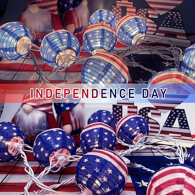 8.5Ft American Flag Lanterns String Lights Outdoor, 4th of July Decorations with 10 Nylon Mini Lanterns, Connectable Plug-in Red White Blue Lights for Independence Day Memorial Patriotic Party