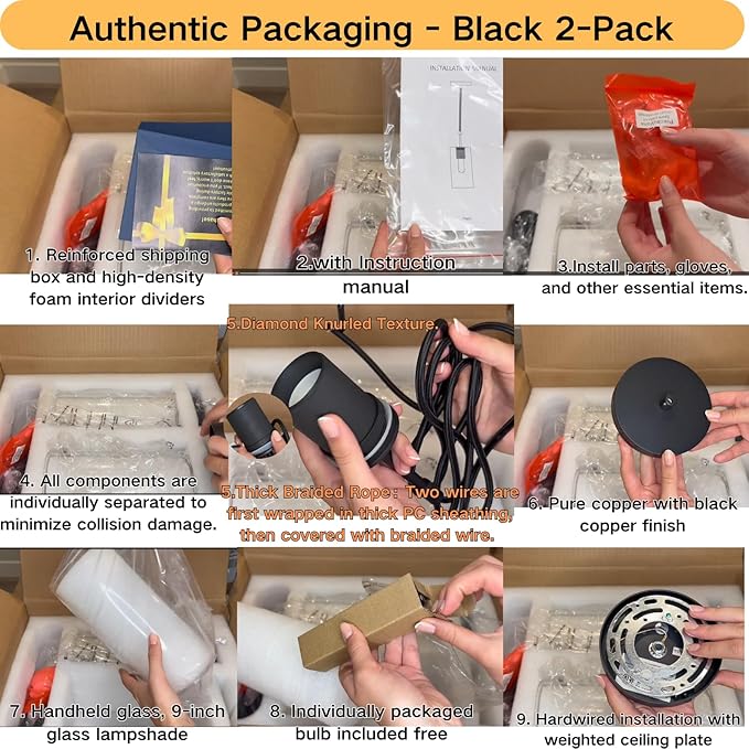 Modern Black Pendant Lights Kitchen Island 2 Pack Glass Pendant Light, 9.5in Farmhouse Clear Glass Cylinder Pendant Light Kitchen Pendant Lighting Over Island for Sink, Bathroom, Bar,Dining