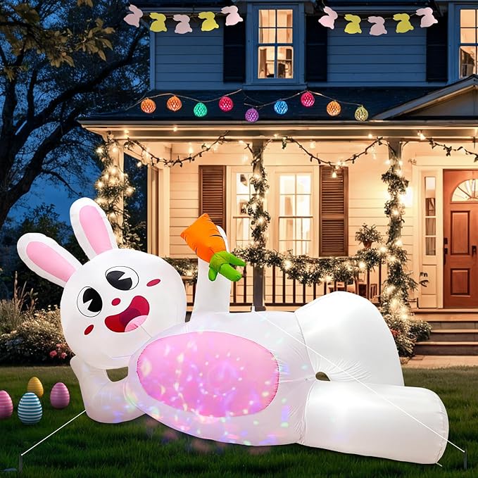 OurWarm 8FT Easter Inflatables Outdoor Decorations, Lying Inflatable Easter Bunny Decor, Easter Bunny Blow up Inflatable with LED Lights, Easter Blow Ups for Outside Holiday Roof Lawn Yard Decor
