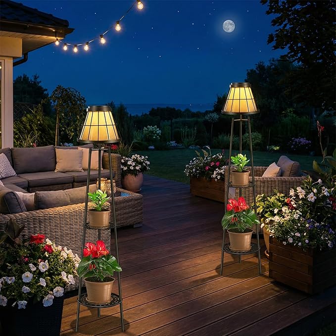 2 Pack Solar Lights with Plant Stands, 45.4'' Waterproof Outdoor Metal Solar Floor Lamps for Patio Deck Yard Pathway Porch Garden