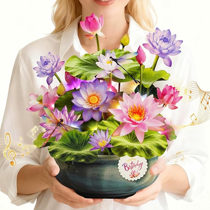 Birthday Cards with MUSIC & LIGHTS, Pop Up Happy Birthday Card, Water Lily & Dragonfly, 10 Inch Life Sized Forever Flower Bouquet Gifts for Women Mom Grandma