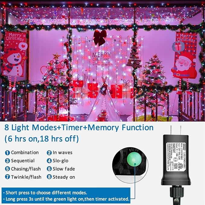 QITONG 165ft 500 LED Red and White String Lights, Christmas String Lights with Green Wire, 8 Modes Twinkle Lights Plug in