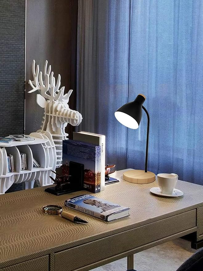 Metal Desk Lamp Table Lamp Reading Lights Arc Desk Lamps for Bedroom, Wood Base Bedside Lamp with Flexible Gooseneck for Study Room and Office (Wood Base+Black)