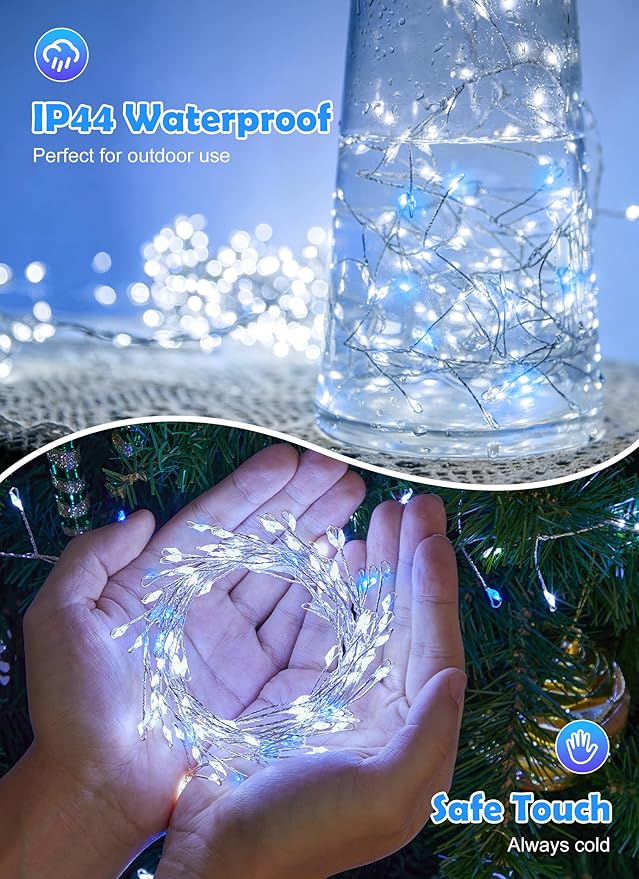 Indoor/Outdoor Waterproof Fairy Lights,200LED Copper Wire String Lights with Twinkle Mode, IP65 Rated for Garden, Patio, Party Decor (Blue White, Plug in)