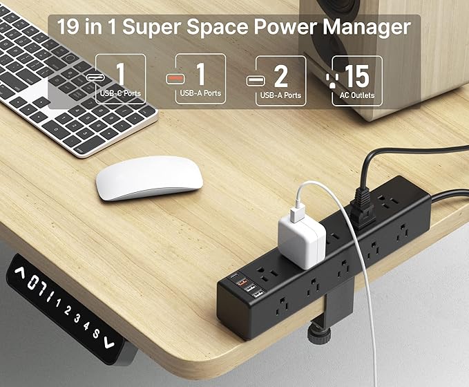 CCCEI Standing Desk Clamp Power Strip with 15 Outlets, Widely Spaced Desktop Edge Mount Surge Protector Outlet, Fast Charging USB-A and USB-C Ports, 15 FT Flat Plug, Black Fit 1.6 inch Table top.