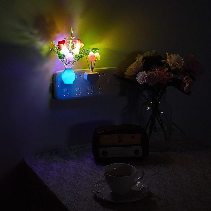 Mudder 4 Pcs Sensor Mushroom Night Lights LED Night Lights 7 Color Changing Plug-in Light Sensor Wall Lamp for Adults Bedroom, Bathroom, Christmas Party Gift(Red Lilies, Purple Lilies, Rose, Tulip)