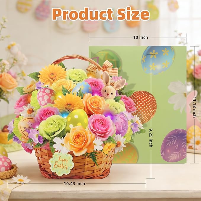 Tcamp Easter Cards with Envelope, Pop Up Easter Cards with Music and Lights, Easter Eggs Bunny Flower Basket Easter Card for Kids Adults Women Mom Daughter Sister Girls