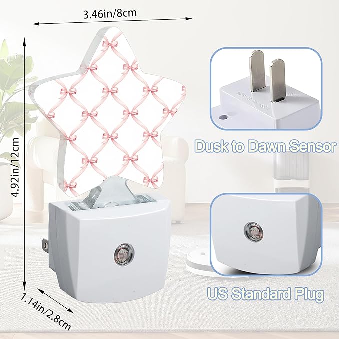Night Light,Pink Bow Plug into Wall with Dusk to Dawn Light Sensors,Abstract Bows Warm Star Nightlights for Bedroom,Bathroom,Hallway,Kitchen Home Decor Desk Lamp