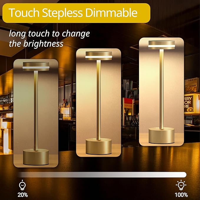 Portable Rechargeable Bedside Lamp, Touch Stepless Dimmable Desk Lamp, Cordless Table Lamp, Ideal for Home, Bedroom, Hotel, Restaurant, Bar, Outdoor, 1 Pack (Gold)