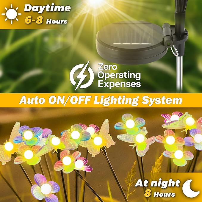 Solar Garden Butterfly Lights 2 Pack 12 LED Solar Swaying Flower Lights Waterproof Firefly Lighting Outdoor for Garden Patio Yard Pathway Flower Bed Decoration