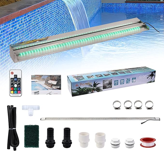 YUDA 36" Stainless Steel Waterfall Pool Fountain with SMD LED 7 Color Changing and Remote, Lighted Waterfall Spillway for Sheer Descent Garden Outdoor
