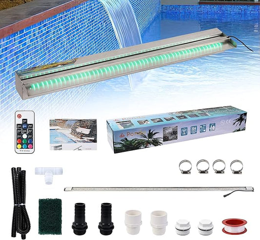 YUDA 36" Stainless Steel Waterfall Pool Fountain with SMD LED 7 Color Changing and Remote, Lighted Waterfall Spillway for Sheer Descent Garden Outdoor