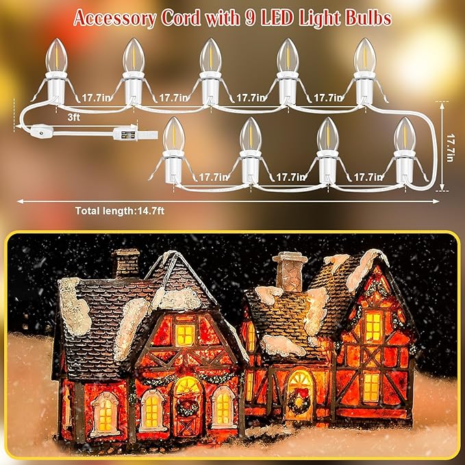 Accessory Cord with 9 LED Light Bulbs, 14.8ft Christmas Village Lights C7 Light Cord with Switch & 2 Fuse for Salt Lamp, Halloween Pumpkin, Xmas Village House Blow Mold