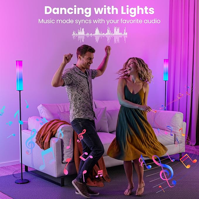 RGB Cylinder Floor Lamp, 1500Lumen Smart Floor Lamps, DIY Mode, Music Sync, Compatible with Alexa, Google, and Apple, for Living Room, Bedroom, Gaming, with Three Stickers