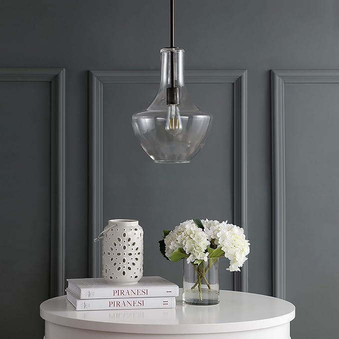 JONATHAN Y JYL6400B Watts 10.5" Glass/Metal LED Pendant Farmhouse Contemporary Dimmable Dining Room Living Room Kitchen Foyer Bedroom Hallway, Oil Rubbed Bronze/Clear