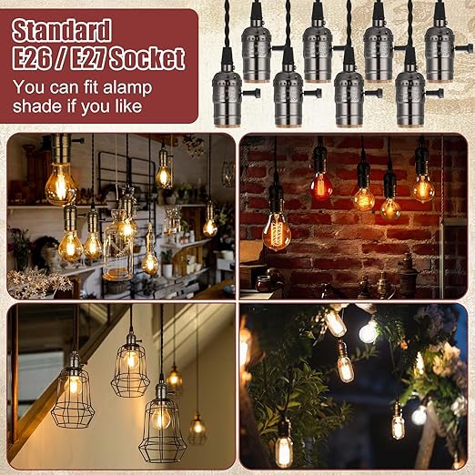 2 Pcs Vintage Pendant Light Sockets Light Cord Kit with Switches DIY Bulb Socket with Cord for E26 E27 Lamp Socket Lantern Bedroom Living Room Decor (1 Plug with 4 Sockets,Black)