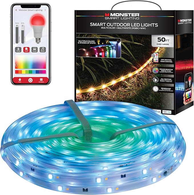 Monster Smart 50 Foot RGB+IC+WW Outdoor LED Light Strip, Sound Reactive, Dimmable, Multicolored & Multi-White, IP44 Waterproof, Weather Resistant, App Control, Compatible with Alexa, Google Home, Siri