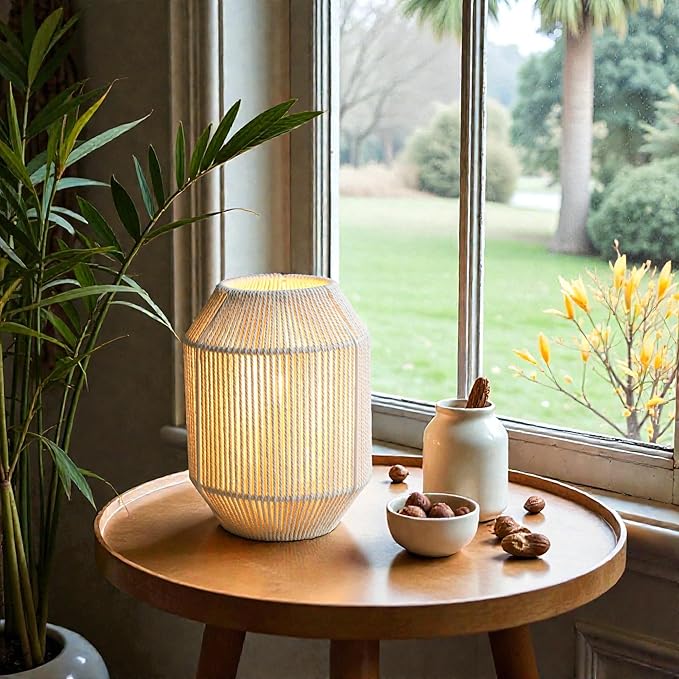 JHY DESIGN Boho Rattan Woven Lampshade Table Lamp 8.5" H Cotton Rope Bedside Lamp Cordless Decorative Battery Operated Lamp with 6 Hours Timer for Bedroom Living Room Wedding Parties Patio