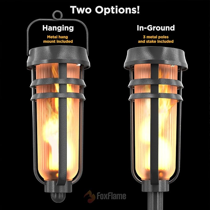 FoxFlame Metal Solar Torch Lights-Adjustable Height (24"- 0"), Outdoor Garden Decor with Patented LED, Waterproof Solar Tiki Torches for Yard,Patio,Garden Pathway,Matte Black–1 Pack