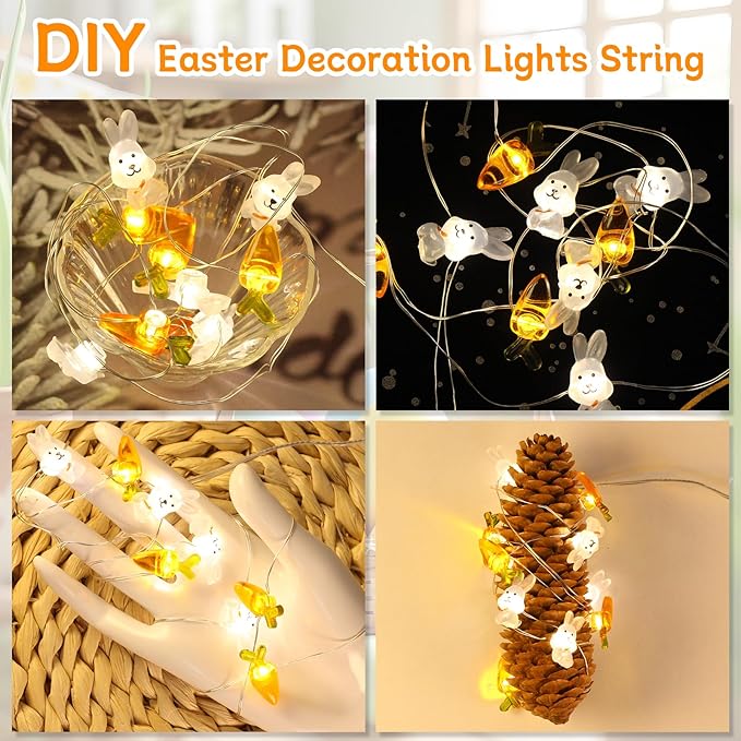 CUQI Easter Lights String, Easter Decoration Lights String Battery Operated 1M 10 LED Carrot Bunny Easter Egg Lights for Indoors Outdoor (2PCS)