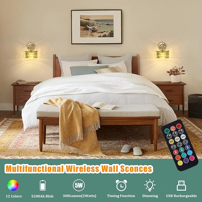 Battery Operated Wall Sconce, Vintage Rechargeable Wall Lights with Green Ripple Glass Shade, Wireless Indoor Wall Lamp with Remote for Bedroom Living Room Bathroom Hallway