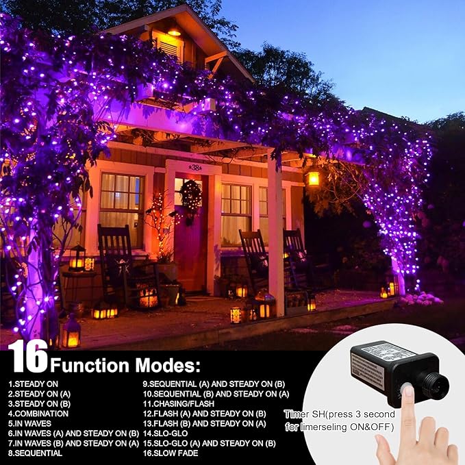 LAMPHOME 165ft Halloween Lights, 500 LED Transparent Wire Fairy Starry String Light Plug in, 16Lighting Modes for Indoor Outdoor Xmas Tree Wedding Party Decoration (Purple)