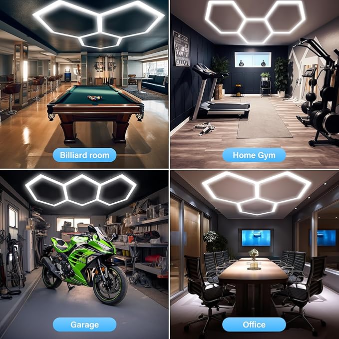 ALLYES KX Hexagon LED Garage Light, Dimmable Hex Shop Lights 6500K 17280LM 128W, Brightness Adjustable Led Ceiling Lights for Shop Garage Gym Workshop Basement