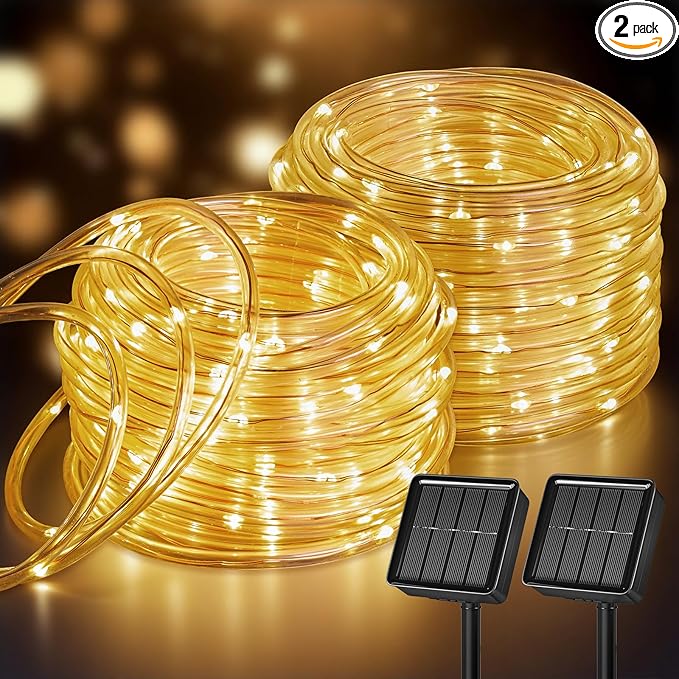 Brightown Solar Rope Lights Outdoor 2 Pack 39 Feet 100 Led Waterproof Solar Powered String Lights with 8 Lighting Modes,Copper Wire PVC Tube Lights for Garden Wedding Party DIY Decor (Warm White)