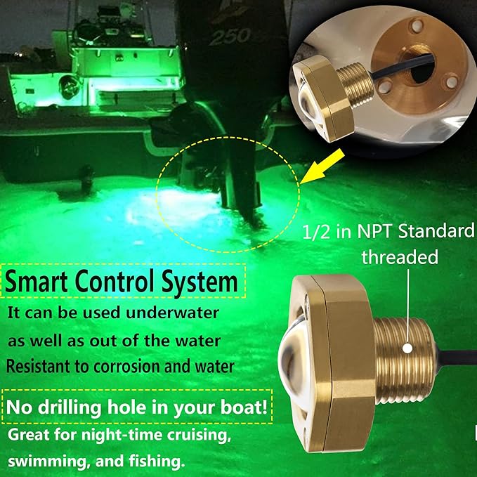 2 Pcs Standard 1/2in NPT Boat Drain Plug Light Underwater Boat LED Light,Boat Trailer Light with APP RF Remote Control for Fishing Swimming Divinng,Smart Cooling System,40W,4100LM (Green)