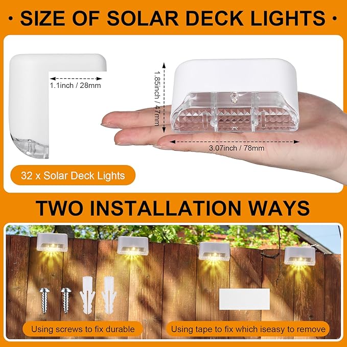 Geelin 32 Pcs Solar Deck Lights Outdoor, Waterproof LED Solar Step Fence Lights for Stairs, Step, Railing, Patio, Driveway, Garden, Pathway and Yard(White Shell Warm White Light)